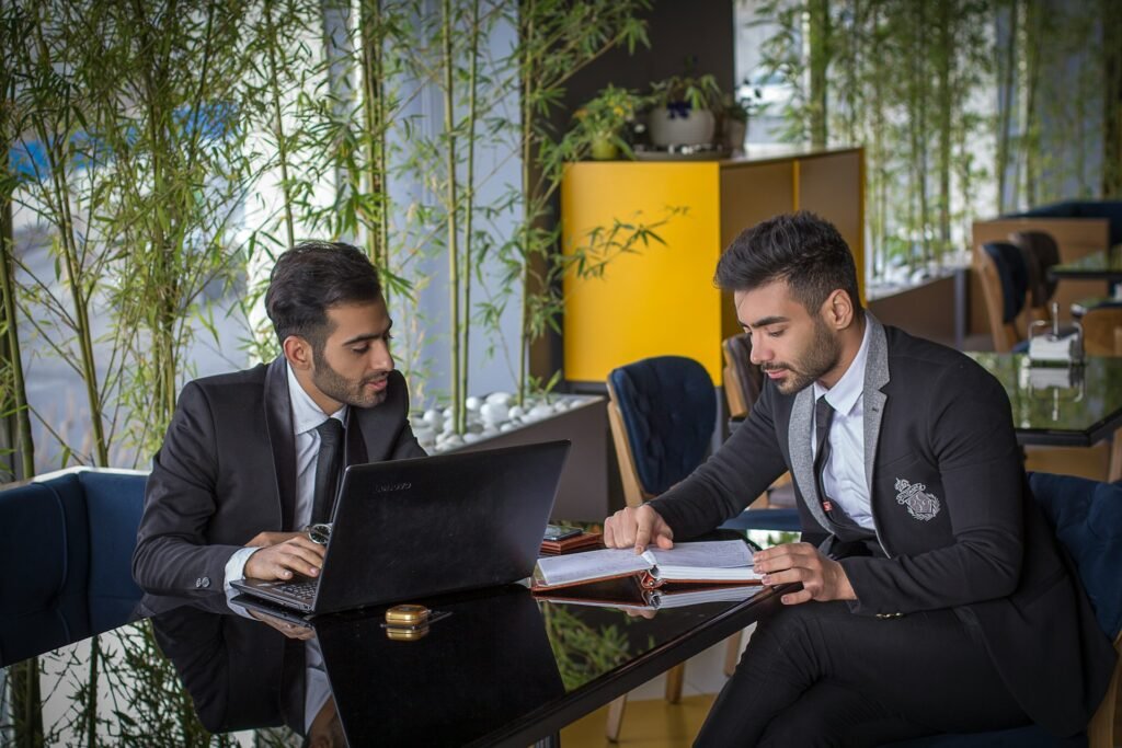 Business owners discussing security needs.